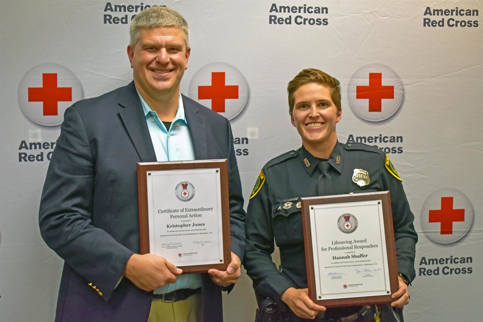 CFISD Assistant Director of Aquatics Kris Jones, left, was recognized by the American Red Cross.